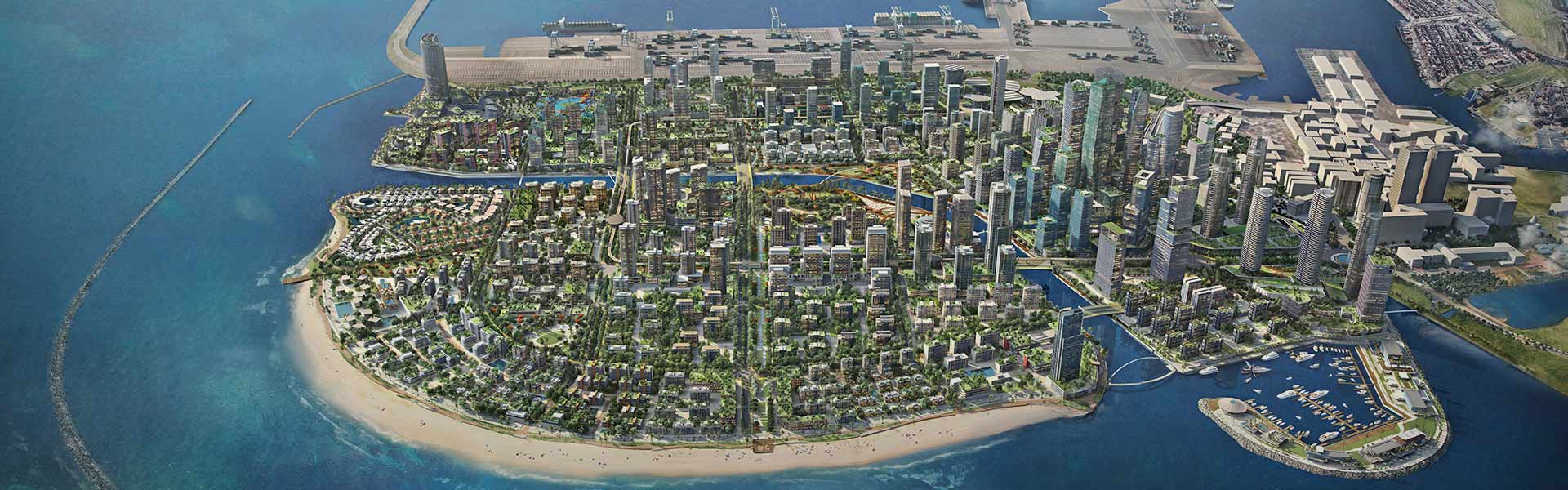 A Rendered Ariel view of Port City Colombo, Sri Lanka's Planned Infrasctructure