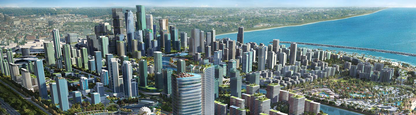 A Rendered Ariel view of Port City Colombo, Sri Lanka's Planned Infrasctructure indicating its Vision and Mission
