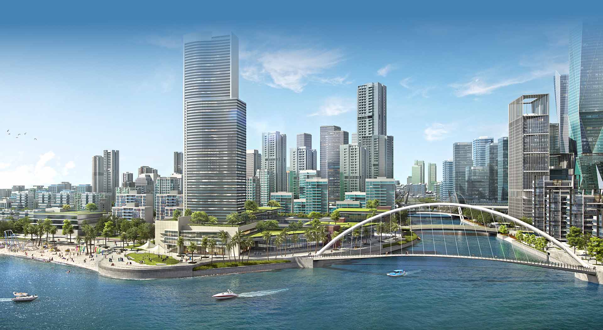 PortCity modern waterfront cityscape with high-rise buildings, a scenic bridge, and a vibrant beach area.