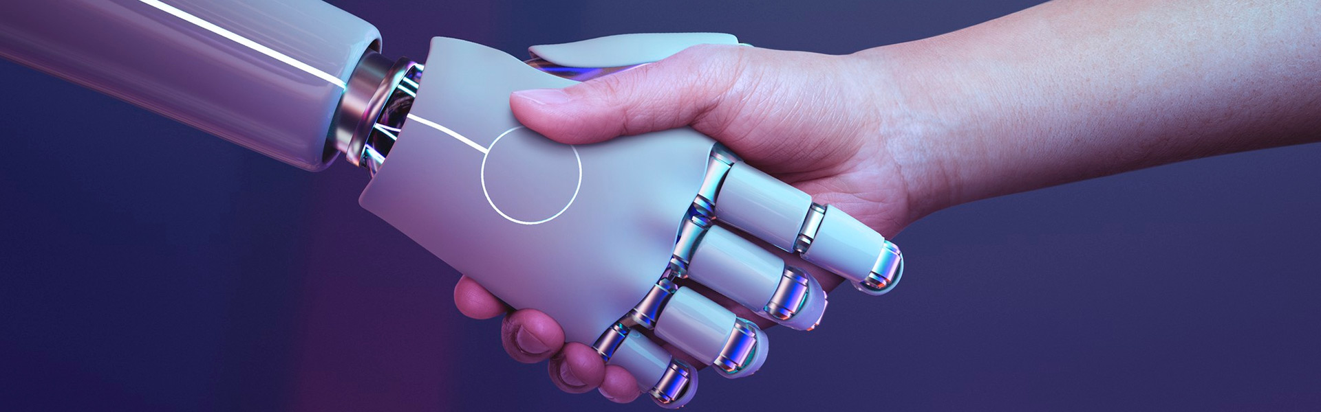 An AI-powered humanoid robot shaking hands with a human, symbolizing the integration of technology in global economic trends.