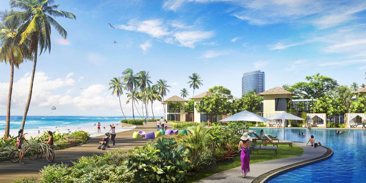 A conceptual rendering of the luxury beach resort in Port City Colombo, Sri Lanka, showcasing hospitality investment opportunities and the only beach resort in Colombo.